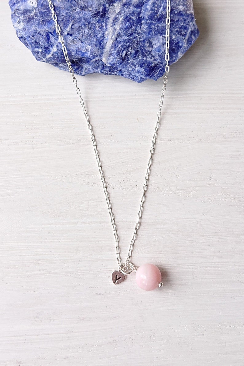 Gemstone Jewellery Personalised Birthday Gift Mother of Pearl Sterling Silver Necklace Small Pink Pendant With Initial Heart Charm