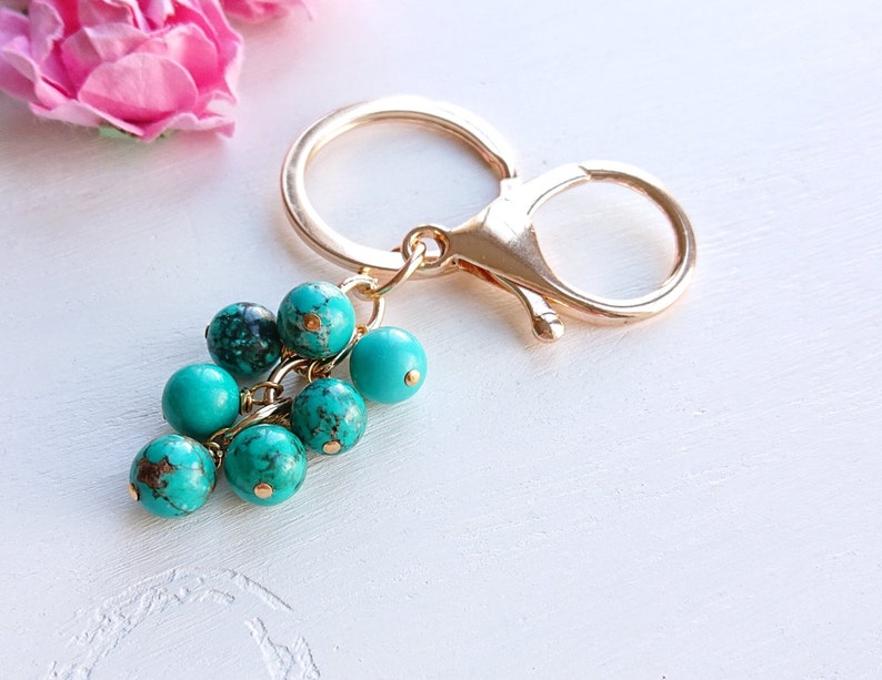 Natural Turquoise Stone Keyring Clip On Bag Key Birthday Gift Genuine Blue Gemstone Accessory Golden Silver Plated Big Keychain With Clasp