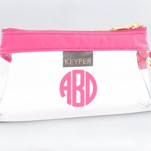 Clear Wristlet Bag Bright Pink with Monogram - Vegan Leather Trim - High quality monogram gifts, Monogrammed clear bag, Personalized gifts