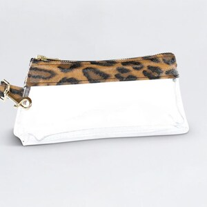 Clear Wristlet Bag Brown Leopard, regalo personalizado para ella, regalo de aniversario de mujer, regalos de novia de vacaciones, bolso de graduación en oferta