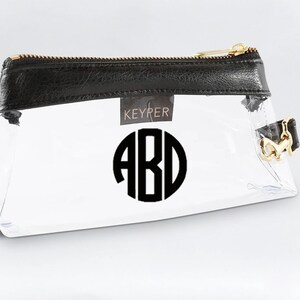 Clear Wristlet Bag Black with Monogram - Vegan Leather Trim