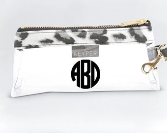 Clear Wristlet Bag Snow Leopard with Monogram - Vegan Leather Trim - High quality monogram, Monogrammed clear bag, Personalized gift for her