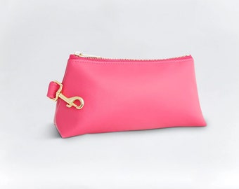 Vegan Leather Wristlet Bag Bright Pink - High quality purse, Personalized keychain bag gift for her, Women anniversary, Holiday gifts