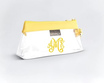 Clear Wristlet Bag Sunshine with Monogram - Vegan Leather Trim - Monogrammed clear bag, Holiday gifts, Graduation gifts, women anniversary