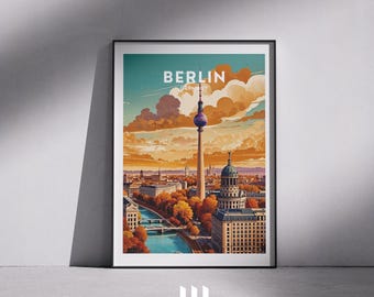 Pode incluir: Um cartaz de viagem vintage com uma vista da cidade de Berlim, Alemanha. O cartaz tem uma paleta de cores retrô com foco na icônica torre de televisão Fernsehturm.