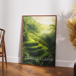 Póster de Tegallalang: Terraza de arroz - Impresión de viaje a Bali, arte mural de Indonesia, decoración de naturaleza ilustrada, impresión artística de paisaje tropical, decoración del hogar