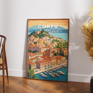 Impresión de viaje a Corfú: póster de arte mural de Grecia, ilustración de Corfú, decoración mediterránea, regalo de isla griega, impresión del mar Jónico, idea de regalo