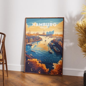 Póster de viaje de Hamburgo: impresión de arte mural de Alemania, ilustración de la Filarmónica del Elba, decoración de HafenCity, regalo de Alemania, impresión de ciudad europea