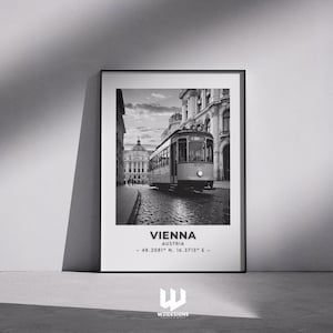 Impressão do bonde de Viena: pôster de viagem vintage em preto e branco da Áustria