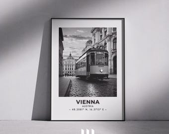 Vienna Tram Print: Vintage Black & White Austria Travel Poster