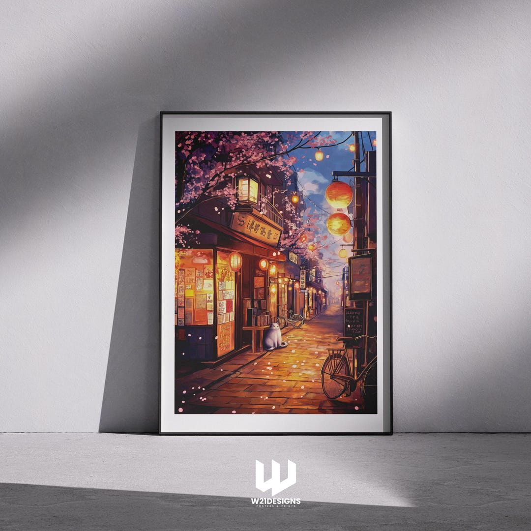 Cozy Cat Art Print - Lantern-lit Japanese Alley With Cherry Blossoms - Etsy