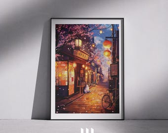 Op de afbeelding: Een digitale schildering van een smalle straat in Japan 's nachts. De straat is omzoomd met kersenbloesem bomen en traditionele Japanse lantaarns. Een witte kat zit op de stoep, en een fiets staat geparkeerd in de buurt. De straat wordt verlicht door de lantaarns en de maan.