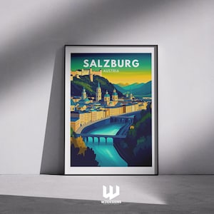 Salzburg Travel Poster – Austria Wall Art Print, Modern Illustration, Vintage Decor, Hohensalzburg Fortress, Europe Travel Gift