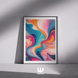 May include: Abstract art print with swirling blue, pink, orange, and white paint. The print is framed in a black frame.