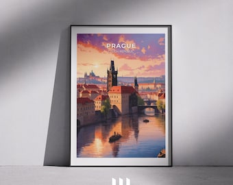 Prague Travel Poster: Vintage Charles Bridge, Czech Republic Cityscape