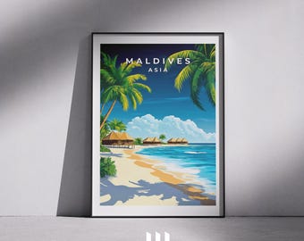 May include: A vintage travel poster with a blue, green, and white color scheme. The poster features a beach scene with palm trees, turquoise water, and a few small huts on the beach. The text on the poster reads "MALDIVES ASIA".