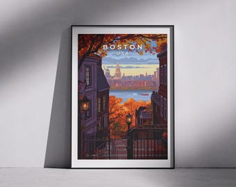 Cartel turístico de Boston: Arte vintage del horizonte de Beacon Hill