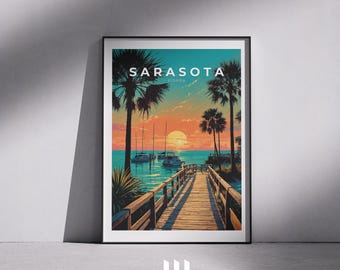 May include: A vintage travel poster design featuring a wooden walkway leading to a pier with boats docked in the water. The poster has a sunset background with palm trees and the text "SARASOTA FLORIDA" at the top.