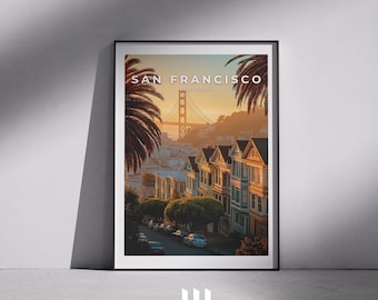 Cartel turístico de San Francisco: Puente Golden Gate y Painted Ladies (Arte de las Painted Ladies)