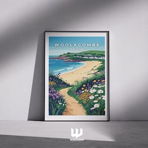 Lámina de viaje de Woolacombe – Inglaterra, póster de Woolacombe, arte costero de Devon, lámina costera del Reino Unido, arte mural de viaje – Lámina de póster de Devon – Regalo – Reino Unido