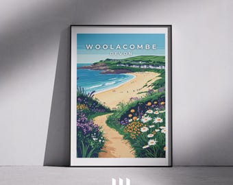 Woolacombe Travel Print – England, Woolacombe Poster, Devon Coastal Art, UK Seaside Print, Travel Wall Art - Devon Poster Print - Gift - UK