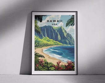 Puede incluir: Un cartel de viaje vintage que presenta una vista panorámica de una playa en Hawái, EE. UU. El cartel presenta una exuberante cadena montañosa verde, una playa de arena y olas azules del océano. El texto "HAWAII USA" está impreso en negro en la parte superior del cartel.