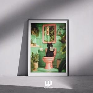 Funny Cat Bathroom Wall Art Print, Black Cat on Toilet Poster, Quirky Bathroom Decor, Humorous Cat Gift, Toilet Humour Artwork