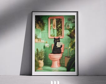 Funny Black Cat Bathroom Print: Quirky Toilet Humor Wall Art