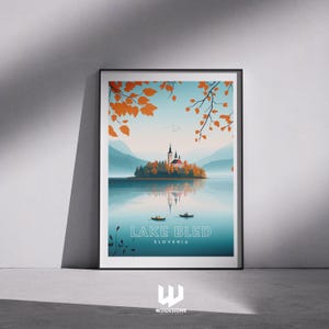 Bleder See Reiseplakat - Slowenien Wandkunst, moderner Bleder See Druck, Alpine Landschaftsdekoration, Europa Reisegeschenk, Naturplakat