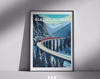 Vintage Glacier Express Poster: Swiss Alps Winter Train Travel Art