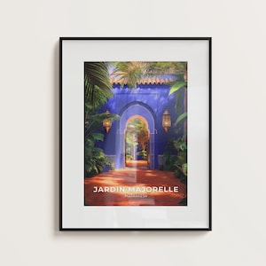 Poster Jardin Majorelle - Stampa di viaggio a Marrakech e arte murale in Marocco, regalo di illustrazione botanica esotica per gli amanti dell'arte, regalo di poster incorniciato