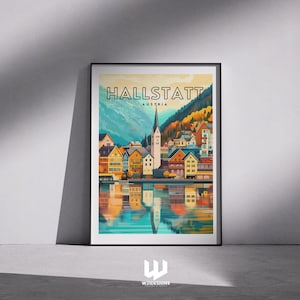 Hallstatt Reiseplakat - Österreich Wand Kunst Druck, Malerische Alpine Dorf Illustration, Europa See Dekor, Hallstatt Kunstwerk Geschenk