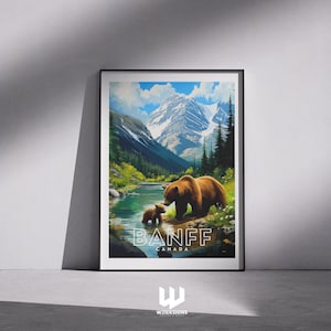 Banff Reiseplakat - Kanada-Wand-Kunstdruck, illustrierte Berglandschaft, Naturbär-Kunstdruck, Reisegeschenk, Kanada-Druck