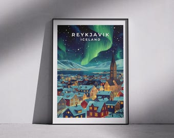 Reykjavik Travel Print - Iceland, Reykjavik Poster, Iceland Wall Art, Nordic Travel Poster, Northern Lights Print, Reykjavik Winter Gift