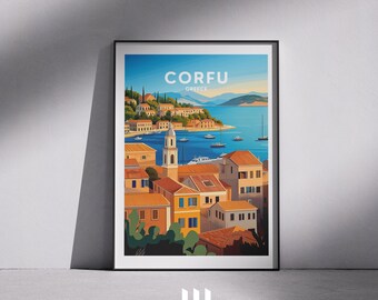 May include: Framed art print featuring a coastal scene of Corfu, Greece. The artwork depicts colorful buildings with orange rooftops, a blue sea, and the text "CORFU GREECE" at the top. The print is in a black frame and leans against a gray wall.
