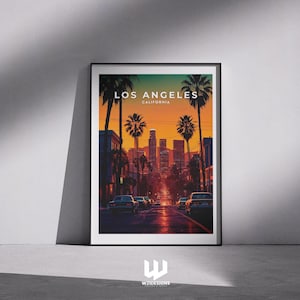 Los Angeles Reiseplakat - Kalifornien Wandkunst, LA Skyline Druck, Vintage Palmen, USA Reisedekor, Down Downed Los Angeles Poster