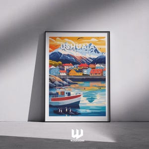 Póster de viaje a Ushuaia - Impresión de arte mural de Argentina, decoración colorida de la Patagonia, arte moderno de pingüinos, idea de regalo para Sudamérica - Póster de Ushuaia