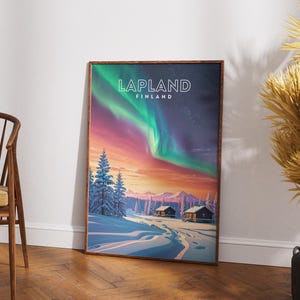 Lappland Reise Poster - Finnland Wand Kunst Druck, Nordlichter Poster, Winter Schnee Szene, Arktis Cabin Decor, Reise Geschenkidee, Wohndekor