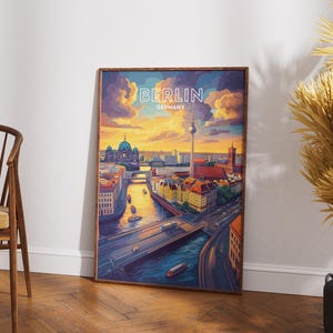 Berlin Reise Poster - Deutschland Wand Kunst Druck, Illustrierte Berlin Sonnenuntergang Stadtbild, Europa Dekor, Deutschland Geschenk, Berlin Modern Print, Print