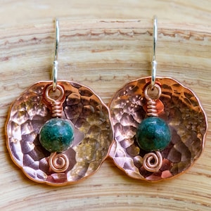 Handmade Copper and Agate Earrings with Spiral Detail Textured Copper Earrings Hammered Copper Blue Green Gemstone Earrings Copper and Green