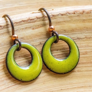 Tiny Acid Green Enamel Copper Earrings, Casual Earrings, Small Enamel Earrings, Light Green, Chartreuse, Green Jewelry, Bitter Green, Retro