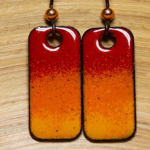 Handmade Enamel Earrings in Fall Colors, Red and Orange Enamel Earrings, Bright Earrings, Bold Dangle Earrings, Ombre Color Shading Tonal
