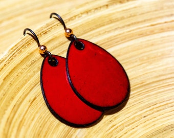 Handmade Bright Red Teardrop Earrings, Red Enamel, Retro Red Earrings, Primary Red, Fire Engine Red, Red Statement Earrings, Christmas