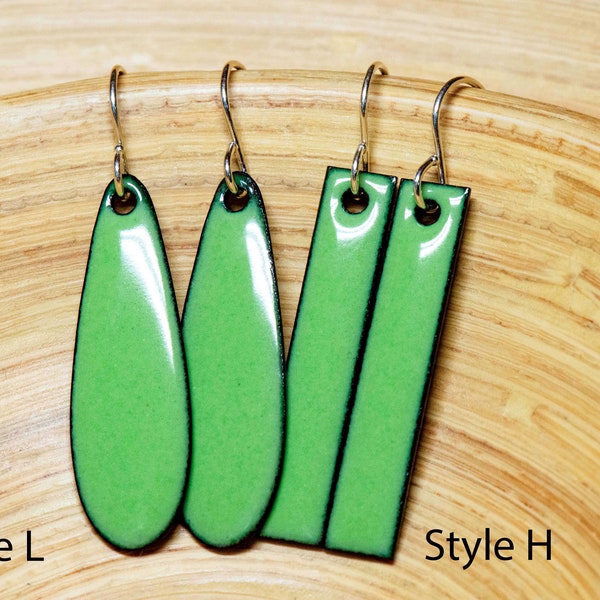 Handmade Spring Green Enamel Earrings, Customize for the Look You Want Soft Pastel Green Earrings Choose 12 Style Options Teardrop Round Pea