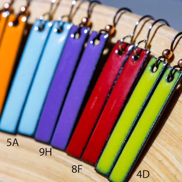 Handmade Minimalist Stick Earrings, Choose your Color! Orange Red Purple Green Yellow Grey Black or Blue Enamel, Handmade Long Rectangle