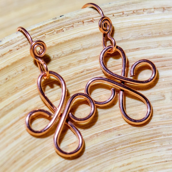 Handmade Earrings, Celtic Inspired Copper Cloverleaf Earrings, Copper Earrings, Copper Jewelry, Four Leaf Clover, Copper Wire Earring, Boho