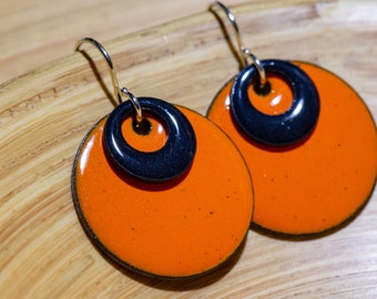 Handmade Halloween Earrings, Orange and Black Enamel Earrings, Stacked Earrings, Retro Earrings, Black and Orange Enamel Layered Earrings
