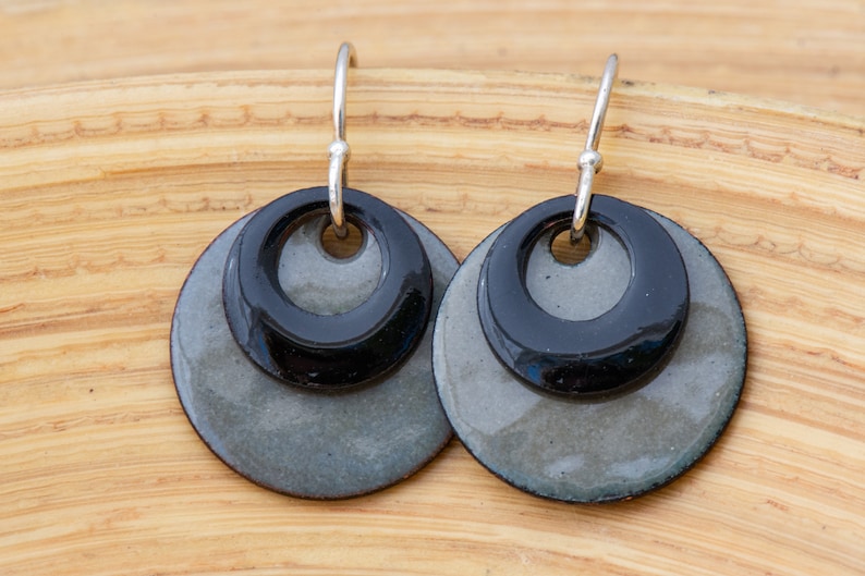 Retro Earrings Gray Jewelry Color Block Earrings Black and Gray Enamel Earrings Black Jewelry Neutral Grey and Black Earrings Casual