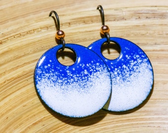 Handmade White and Blue Enamel Earrings, Blue Earrings with Cool White Sprinkles Climbing Towards the Top, Great Texture, Perfect for Winter