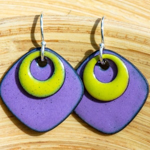 Handmade Acid Green & Purple Earrings, Enamel Earrings, Layered Retro Earrings, Bitter Green, Chartreuse, Mauve, Lavender, Stacked Earrings